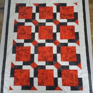 Handmade Geometric Patchwork Quilt Lap Blanket Orange Red Black White Size 45"
